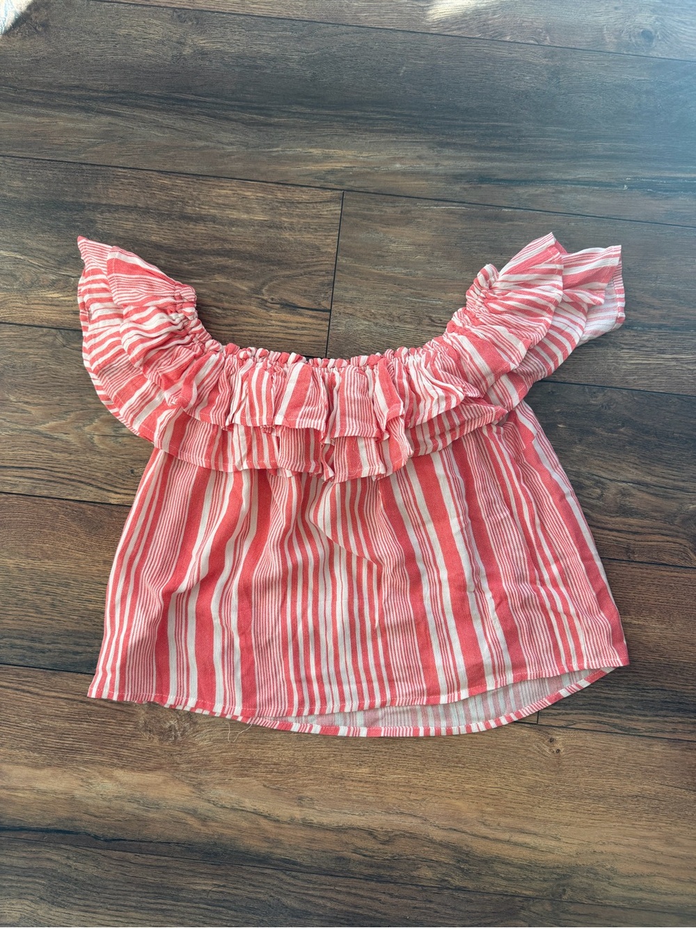 Lulu's Coral-Striped Off-Shoulder Ruffle Crop Top - Picture 3 of 4